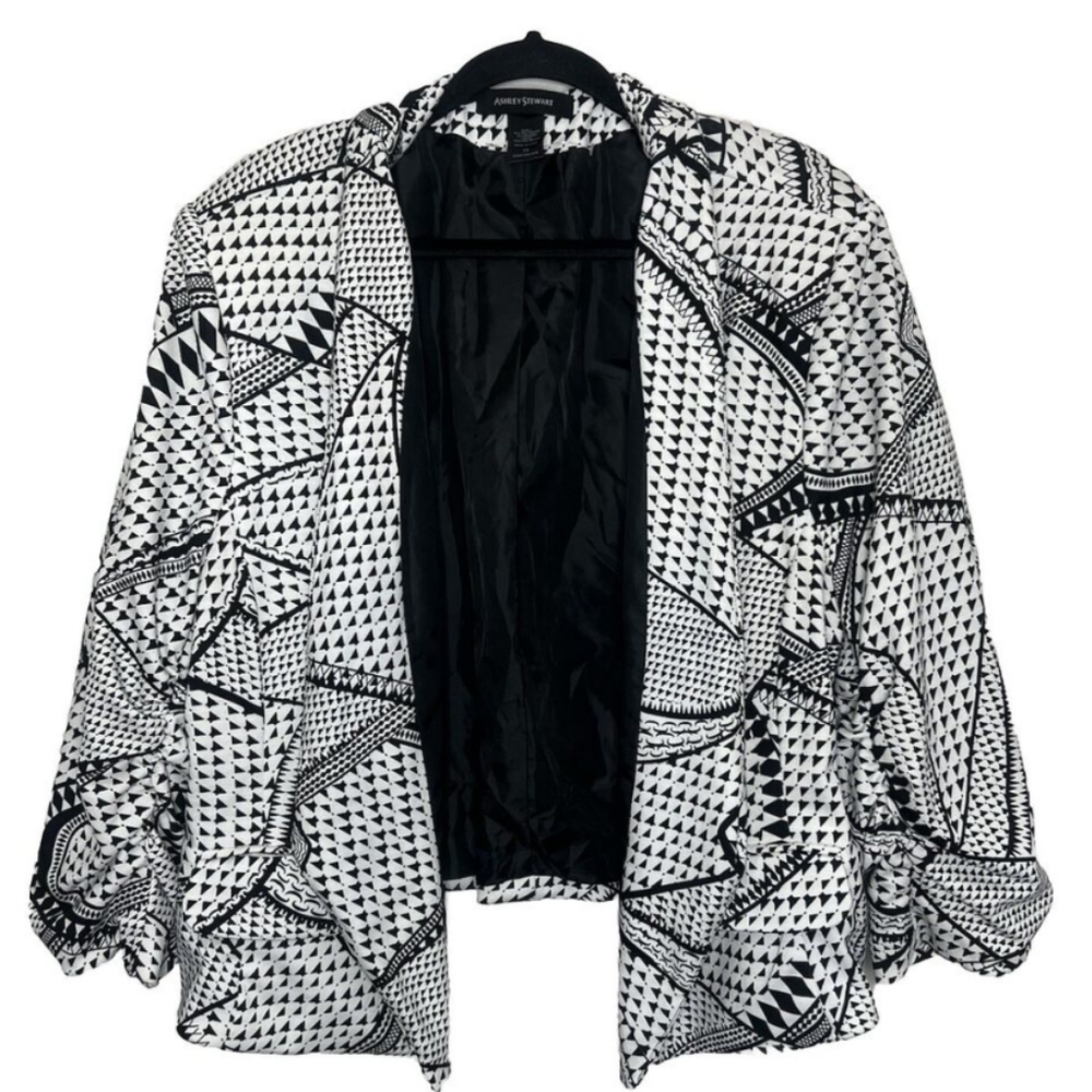 Ashley Stewart Black/White Open Front Geometric Print Jacket Blazer Size 20 EUC